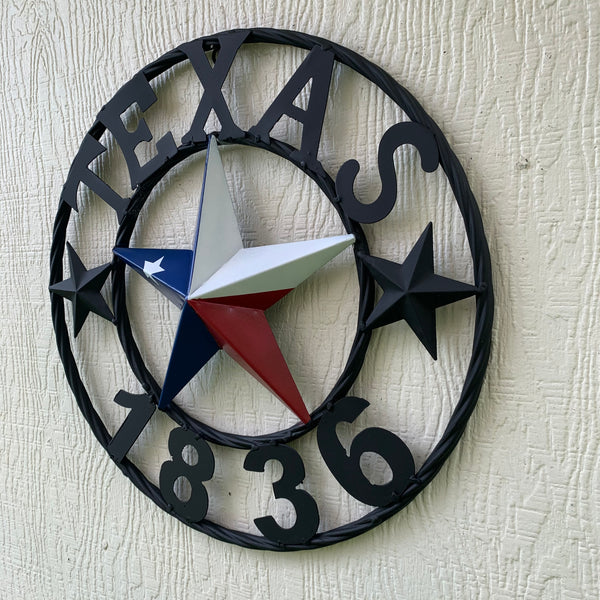 16" TEXAS 1836 RED WHITE BLUE TEXAS FLAG STAR & BLACK RING BARN STAR METAL WALL WESTERN HOME DECOR HANDMADE NEW ART