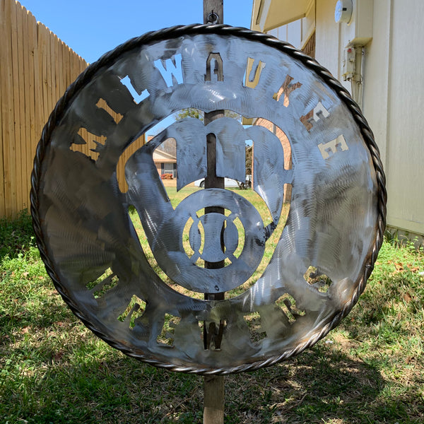 24" MILWAUKEE BREWERS RAW METAL WIDE BAND DISC STYLE CUSTOM METAL VINTAGE CRAFT TEAM SIGN HANDMADE
