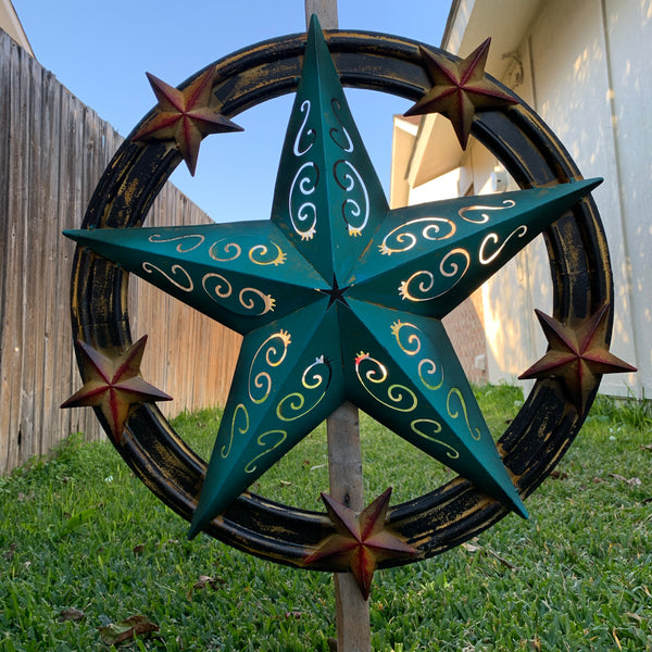 #RT5045 TURQUOISE CARVED CUT STAR 26",36", BARN METAL WESTERN HOME DECOR HANDMADE NEW