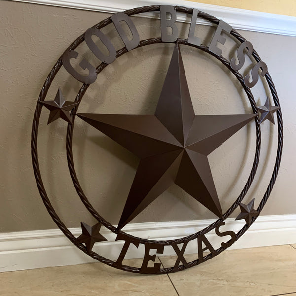 #EH11085 GOD BLESS TEXAS BROWN BARN STAR METAL LONE STAR TWISTED ROPE RING WESTERN HOME DECOR HANDMADE NEW