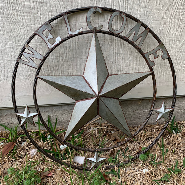 #RT6160 WELCOME GALV 24" METAL BARN STAR TWISTED RING WESTERN HOME DECOR HANDMADE NEW