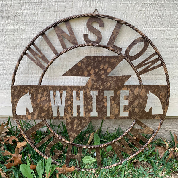 CUSTOM NAME LIGHTNIN HORSE SIGN RAW METAL BARN ROPE RING WESTERN HOME DECOR HANDMADE 24",32",36"