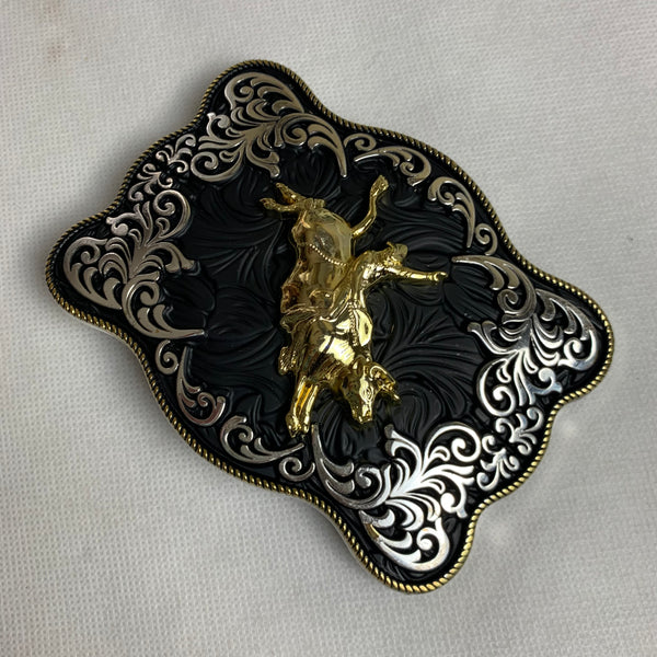 4.5" X 3.5" RODEO BELT BUCKLE BLACK SILVER & GOLD WESTERN BUCKLE FASHION ART NEW #EH12269