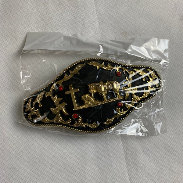6.5" X 3.5" COWBOY PRAYER CHURCH RHINESTONE BELT BUCKLE BLACK & GOLD WESTERN BUCKLE FASHION ART NEW #EH12272