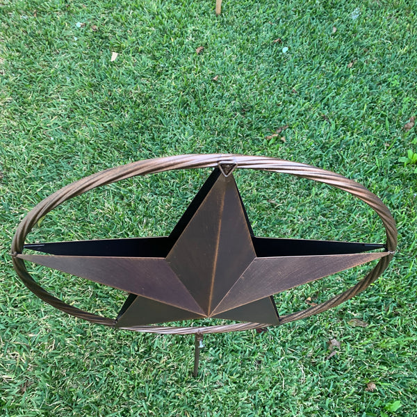 12",16",24" DOUBLE STAR ON STAKE METAL BRONZE COPPER BARN STAR WITH TWISTED ROPE RING CRAFT WESTERN HOME DECOR RUSTIC DECOR