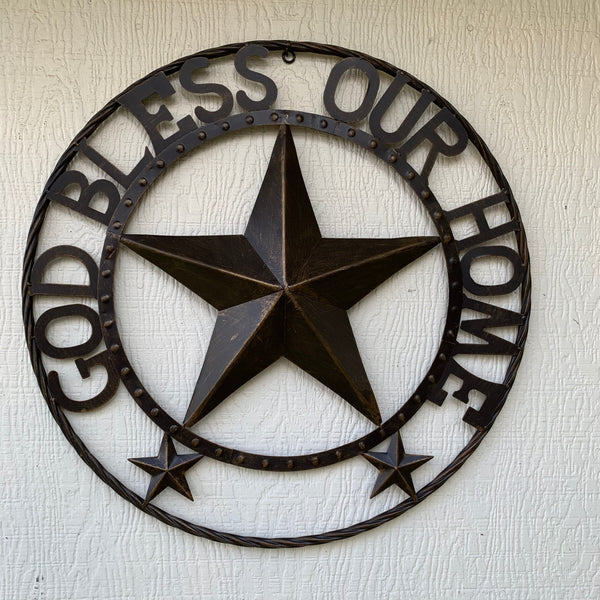 24" GOD BLESS OUR HOME BEADED BARN STAR WITH TWISTED ROPE RING DESIGN METAL WALL ART WESTERN HOME DECOR VINTAGE RUSTIC DARK BRONZE COPPER NEW