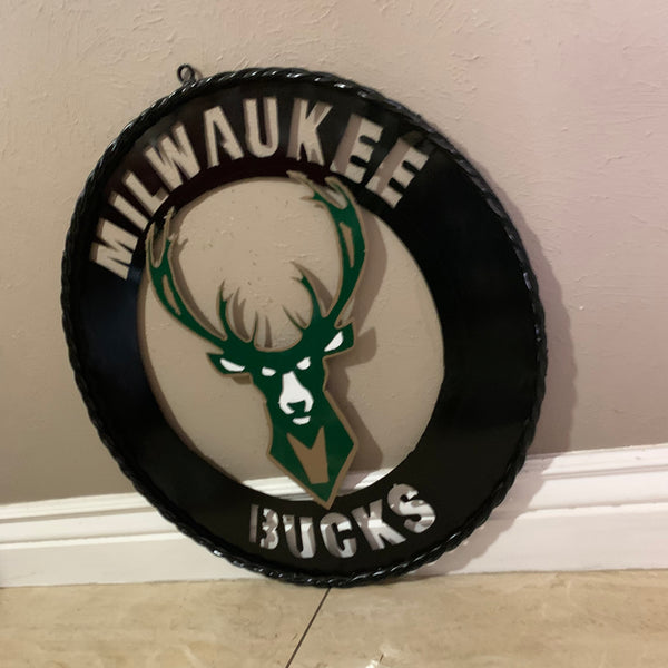 24" MILWAUKEE BUCKS WIDE BAND DISC STYLE METAL CUSTOM VINTAGE CRAFT TEAM SPORTS SIGN HANDMADE