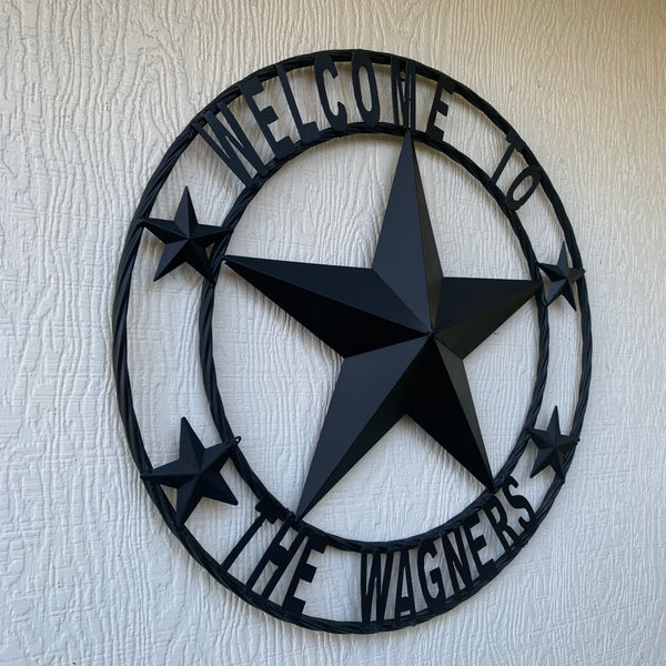 CREEKSIDE FARM STYLE YOUR CUSTOM NAME BARN BLACK STAR 3d WITH TWISTED ROPE RING DESIGN METAL WALL ART WESTERN HOME DECOR NEW HANDMADE, 24", 32", 36", 40", 44", 46", 50"