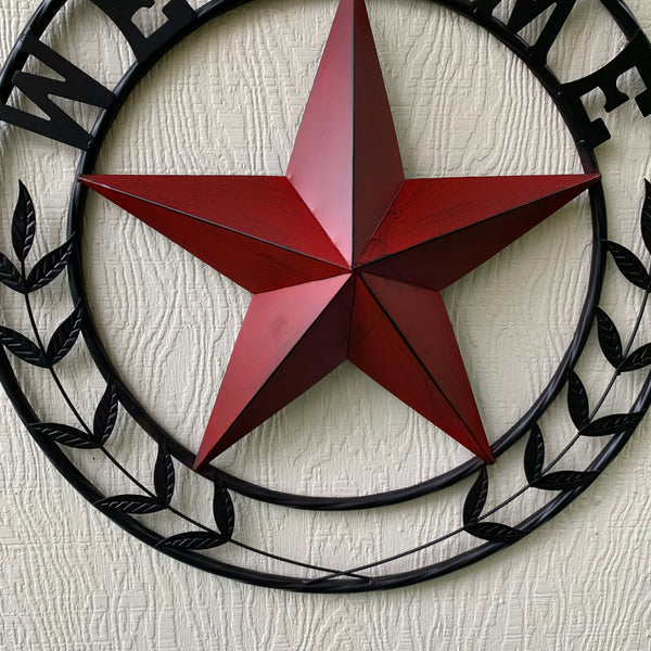 24" WELCOME LEAF LEAVES STAR METAL WALL ART WESTERN HOME DECOR RUSTIC RED HANDMADE