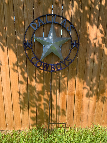 24" STAR & 34" STAKE DALLAS COWBOYS DECOR METAL ART WESTERN HOME WALL DECOR ALL SILVER & NAVY BLUE WITH 34" STAKE