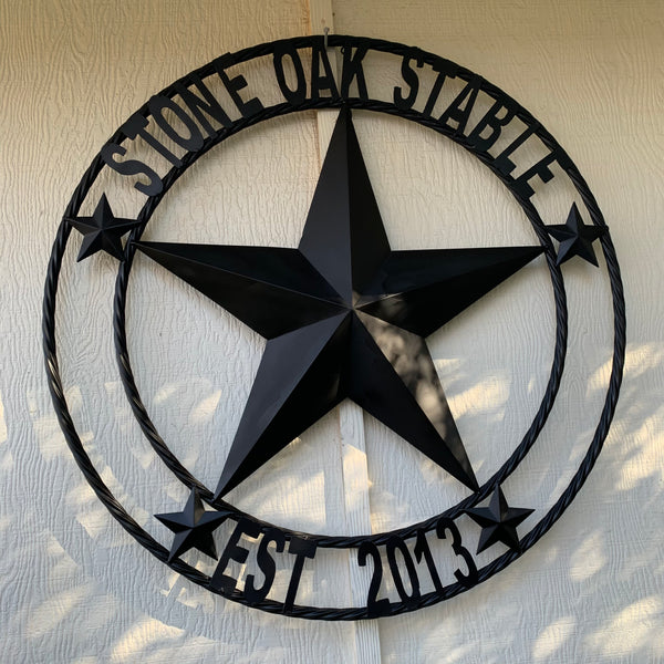 CREEKSIDE FARM STYLE YOUR CUSTOM NAME BARN BLACK STAR 3d WITH TWISTED ROPE RING DESIGN METAL WALL ART WESTERN HOME DECOR NEW HANDMADE, 24", 32", 36", 40", 44", 46", 50"
