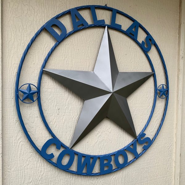 DALLAS COWBOYS SILVER & LIGHT BLUE BARN STAR CUSTOM VINTAGE METAL LONE STAR ART WESTERN HOME DECOR SIZE:24",32",36",40",42",44",46",50"
