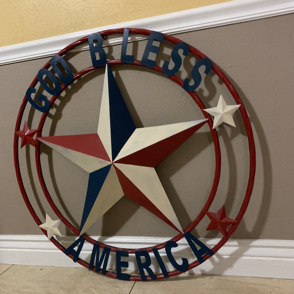 #EH10489 GOD BLESS AMERICA USA FLAG BARN STAR METAL RED WHITE BLUE WESTER HOME DECOR HANDMADE NEW