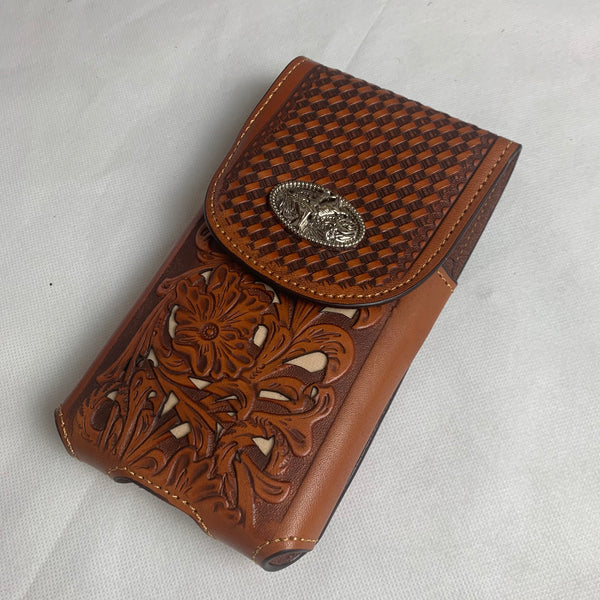 #LG2003 7.5" RODEO TAN BROWN & BEIGE LEATHER POUCH EXTRA LARGE  BELT LOOP HOLSTER CELL PHONE CASE UNIVERSAL OVERSIZE
