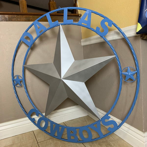 DALLAS COWBOYS SILVER & LIGHT BLUE BARN STAR CUSTOM VINTAGE METAL LONE STAR ART WESTERN HOME DECOR SIZE:24",32",36",40",42",44",46",50"