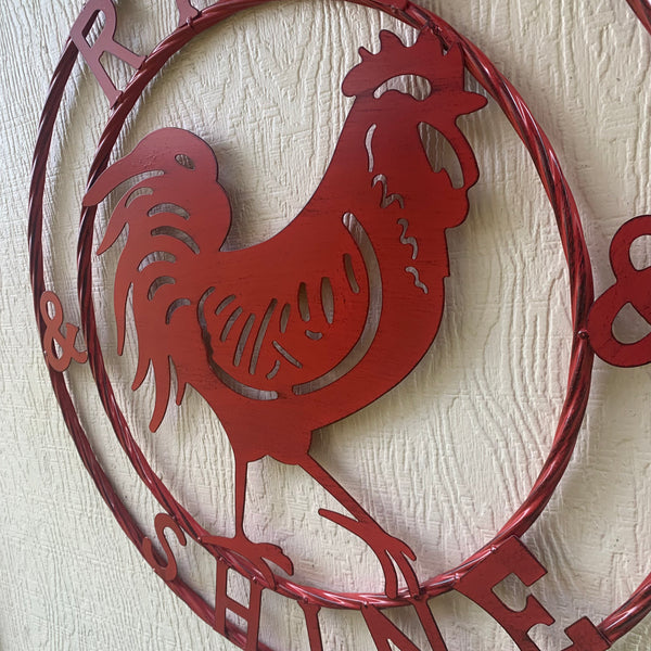 #SI_B9504 RISE & SHINE 24" RED ROOSTER CHICKEN METAL SIGN WESTERN HOME DECOR HANDMADE NEW