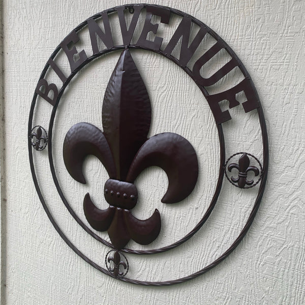 24", 32" FLEUR DE LIS BIENVENUE METAL WALL ART WESTERN HOME DECOR RUSTIC BROWN NEW