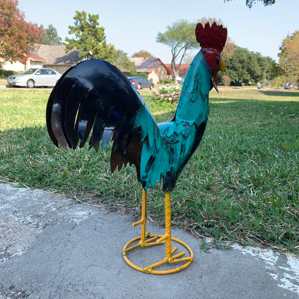 #34-041 RUSTIC TURQUOISE ROOSTER 20",30",40" CHICKEN GARDEN ANIMAL SCULPTURE METAL DECOR ORNAMENT HANDMADE