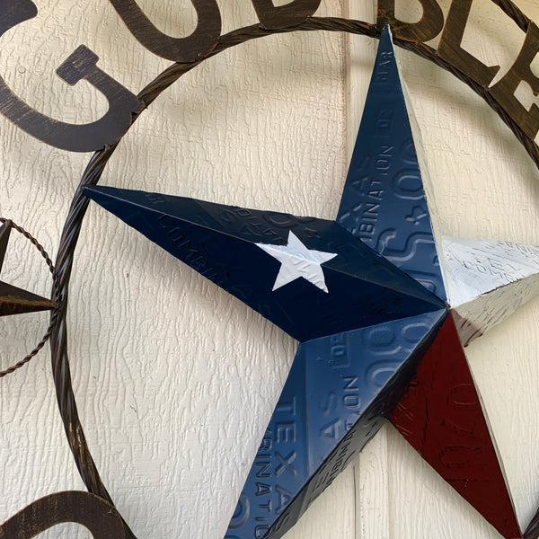 24", 32", 40" GOD BLESS OUR HOME LICENSE PLATE BARN METAL STAR ROPE RING WALL ART WESTERN HOME DECOR RED WHITE & BLUE