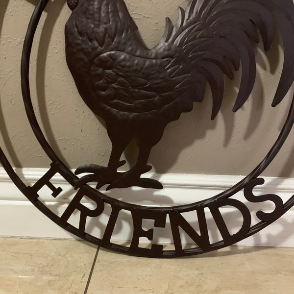 24" WELCOME FRIENDS ROOSTER WESTERN METAL ANIMAL ART HOME WALL ART RUSTIC BROWN COLOR