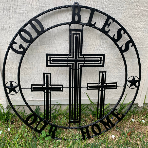 40"GOD BLESS OUR HOME CRUCIFIX CROSS METAL WALL ART BLACK HANDMADE NEW