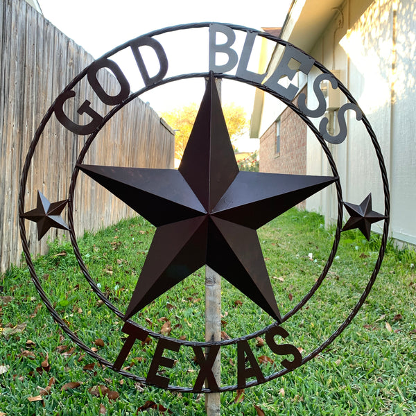 #EH11085 GOD BLESS TEXAS BROWN BARN STAR METAL LONE STAR TWISTED ROPE RING WESTERN HOME DECOR HANDMADE NEW