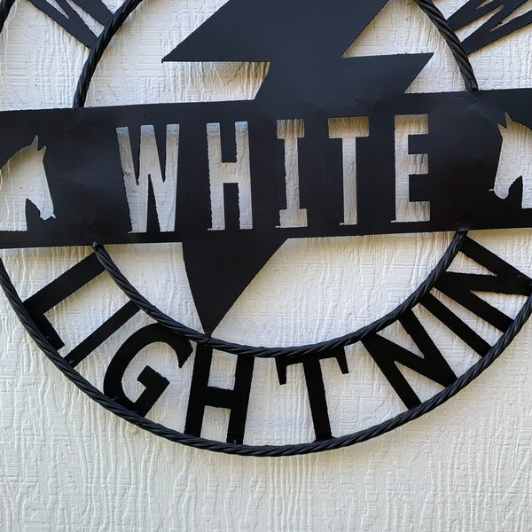 CUSTOM NAME LIGHTNIN HORSE SIGN RAW METAL BARN ROPE RING WESTERN HOME DECOR HANDMADE 24",32",36"
