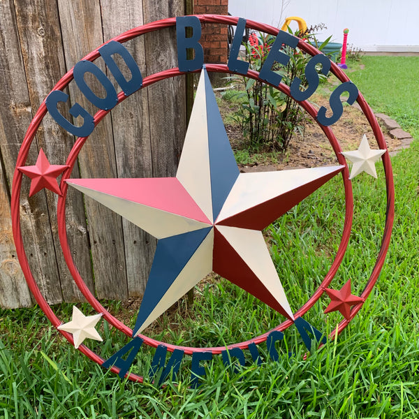 #EH10489 GOD BLESS AMERICA USA FLAG BARN STAR METAL RED WHITE BLUE WESTER HOME DECOR HANDMADE NEW