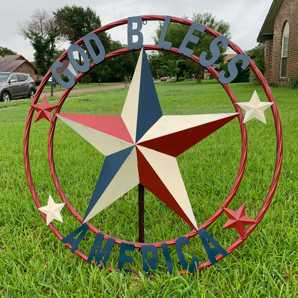 #EH10489 GOD BLESS AMERICA USA FLAG BARN STAR METAL RED WHITE BLUE WESTER HOME DECOR HANDMADE NEW