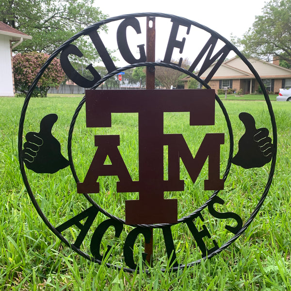 TEXAS A&M, GIGEM AGGIES THUMBS UP METAL CUSTOM VINTAGE CRAFT TEAM SIGN HANDMADE