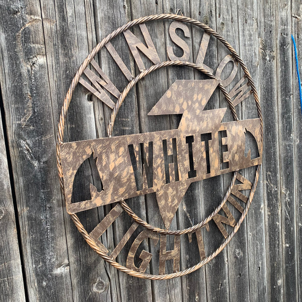 CUSTOM NAME LIGHTNIN HORSE SIGN RAW METAL BARN ROPE RING WESTERN HOME DECOR HANDMADE 24",32",36"