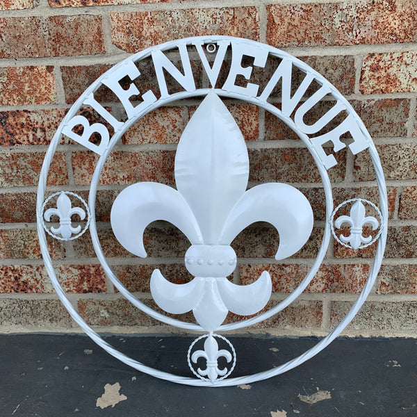 24", 32" GLOSS WHITE FLEUR DE LIS BIENVENUE METAL WALL ART WESTERN HOME DECOR