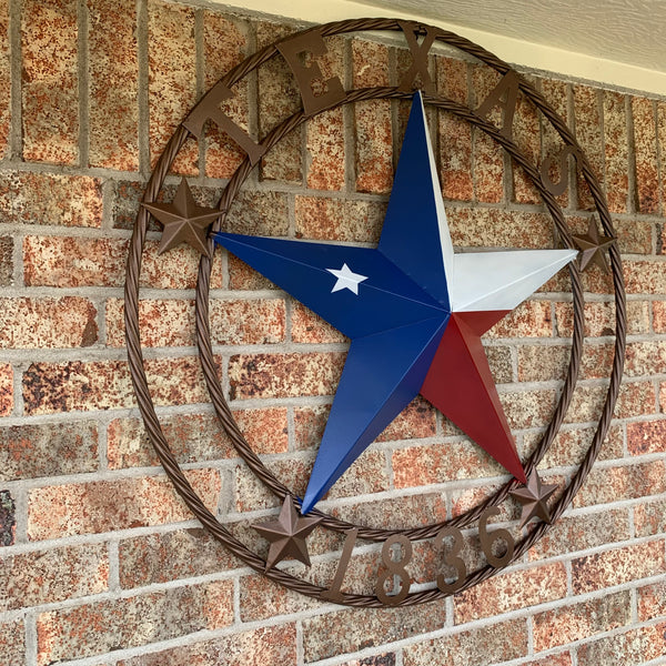 TEXAS 1836 RED WHITE BLUE BARN STAR WITH TWISTED BRONZE ROPE RING DESIGN METAL WALL ART WESTERN HOME DECOR VINTAGE RUSTIC TEXAS FLAG COLORS NEW