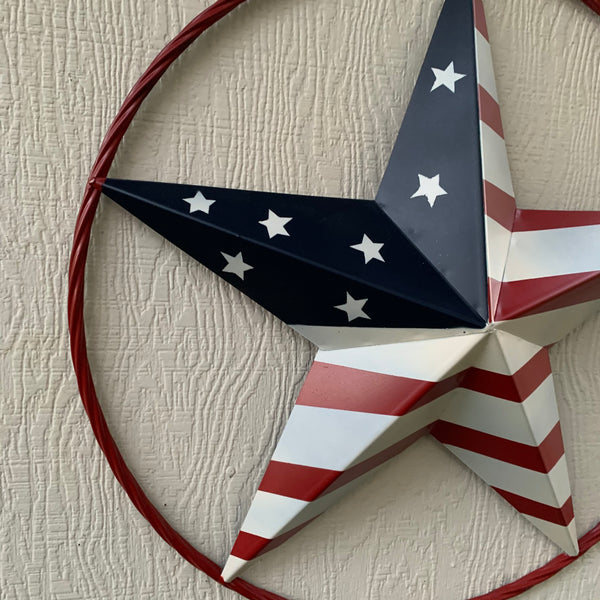 AMERICAN Flag USA Metal Barn Star RED, WHITE & BLUE WITH RED Rope Ring Western Home Decor Handmade 12",16",24",30",34",36",40",48"