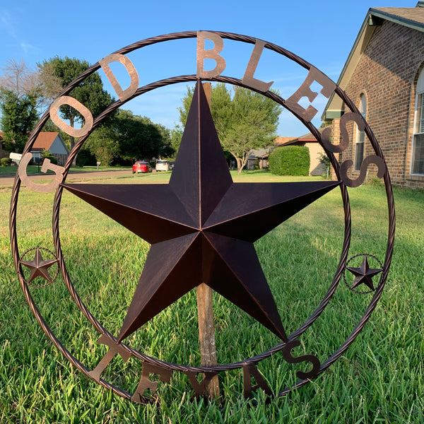 #EH10197 GOD BLESS TEXAS BARN STAR METAL LONESTAR TWISTED ROPE RING WESTERN HOME DECOR HANDMADE NEW