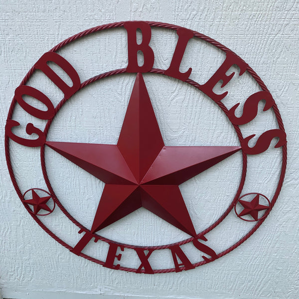 24",32",40",50" BURGUNDY RED GOD BLESS TEXAS BARN STAR ROPE RING METAL WALL ART WESTERN HOME DECOR NEW