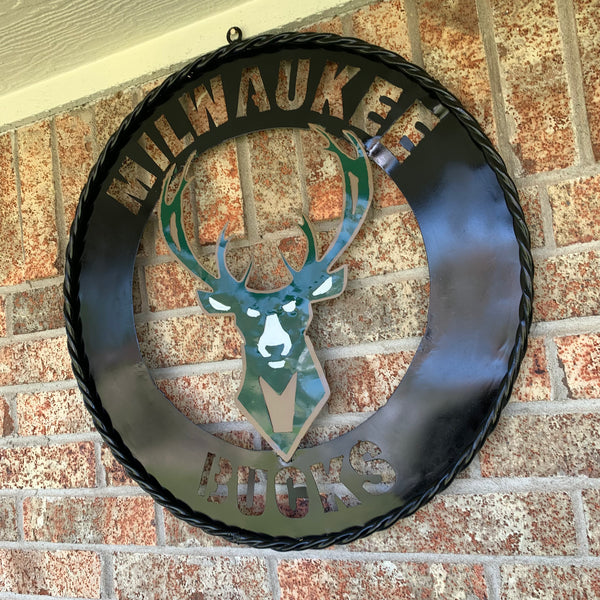 24" MILWAUKEE BUCKS WIDE BAND DISC STYLE METAL CUSTOM VINTAGE CRAFT TEAM SPORTS SIGN HANDMADE