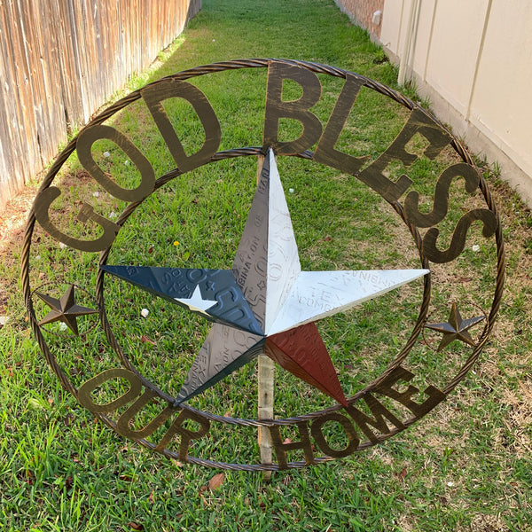 24", 32", 40" GOD BLESS OUR HOME LICENSE PLATE BARN METAL STAR ROPE RING WALL ART WESTERN HOME DECOR RED WHITE & BLUE