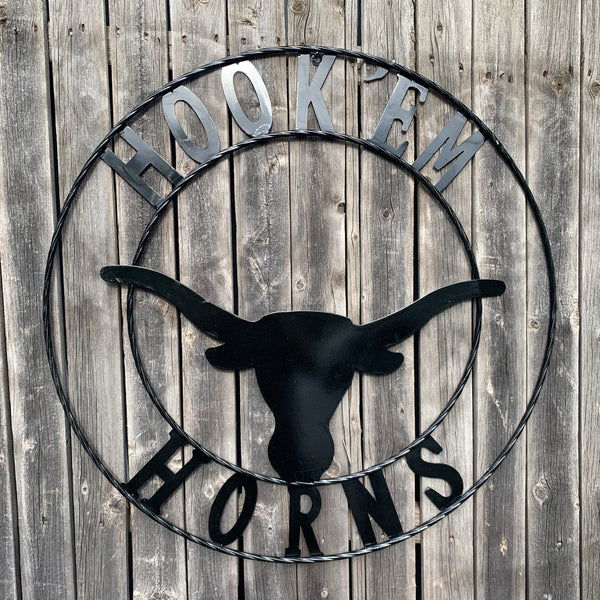 HOOKEM HORNS GLOSSY BLACK TEXAS LONGHORNS HOOK EM METAL CUSTOM VINTAGE CRAFT WALL ART TEAM SIGN HANDMADE