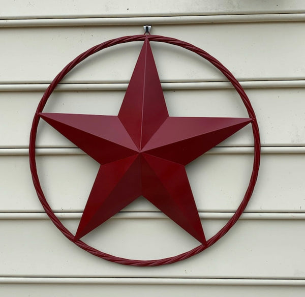 BURGUNDY RED BARN METAL STAR TWISTED ROPE RING WESTERN HOME DECOR HANDMADE NEW 3" TO 72"