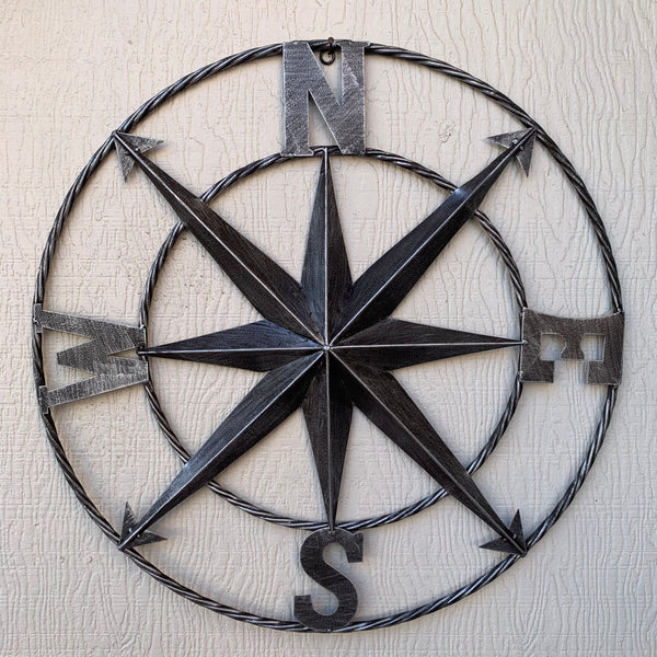 #SI_B8235 COMPASS 24" GREY METAL SIGN WESTERN HOME DECOR HANDMADE NEW