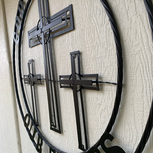 40"GOD BLESS OUR RIDERS CRUCIFIX BLACK CROSS METAL WALL ART HANDMADE