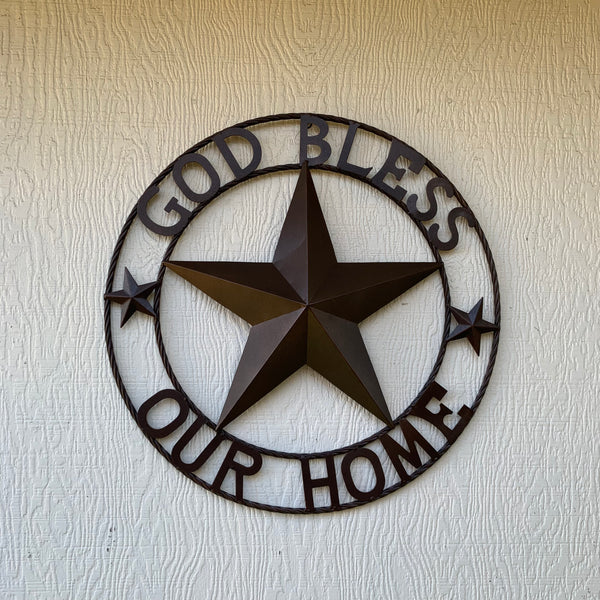 #EH11021 GOD BLESS OUR HOME BARN METAL STAR TWISTED ROPE RING WESTERN HOME DECOR HANDMADE NEW