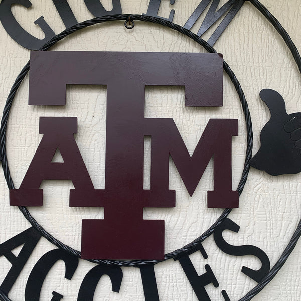TEXAS A&M, GIGEM AGGIES THUMBS UP METAL CUSTOM VINTAGE CRAFT TEAM SIGN HANDMADE