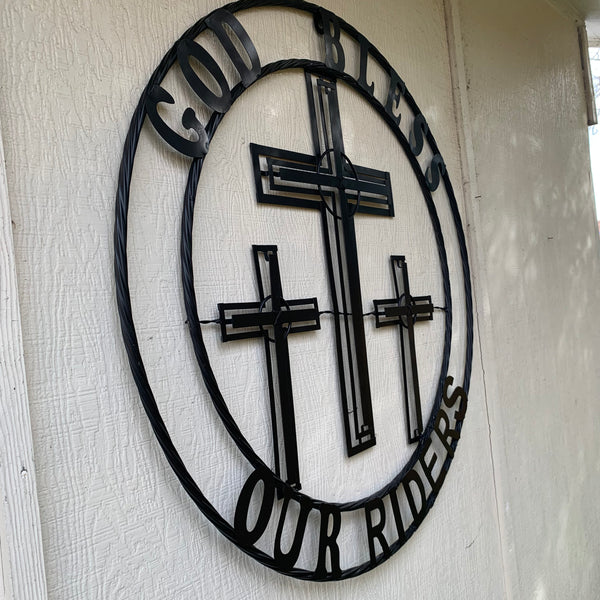 40"GOD BLESS OUR RIDERS CRUCIFIX BLACK CROSS METAL WALL ART HANDMADE