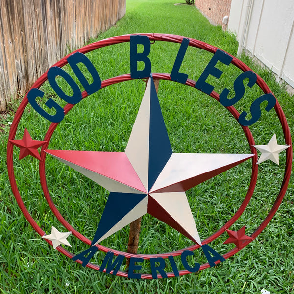 #EH10489 GOD BLESS AMERICA USA FLAG BARN STAR METAL RED WHITE BLUE WESTER HOME DECOR HANDMADE NEW