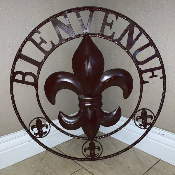 24", 32" FLEUR DE LIS BIENVENUE METAL WALL ART WESTERN HOME DECOR RUSTIC BROWN NEW