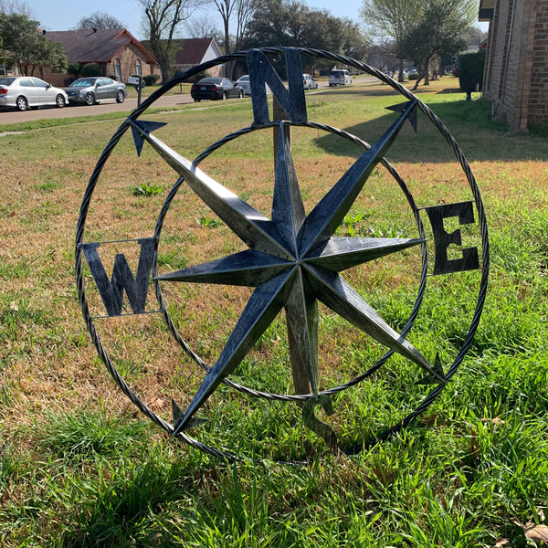 36" COMPASS GREY METAL ART WESTERN METAL ART HOME WALL DECOR RUSTIC GREY