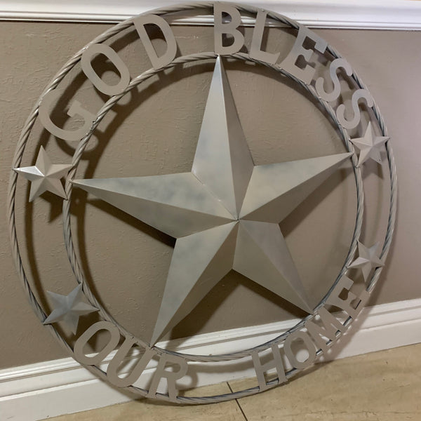 36" GOD BLESS OUR HOME RUSTIC BEIGE BARN METAL STAR ROPE RING WALL ART WESTERN HOME DECOR--FREE SHIPPING