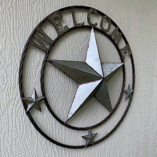 #RT6160 WELCOME GALV 24" METAL BARN STAR TWISTED RING WESTERN HOME DECOR HANDMADE NEW